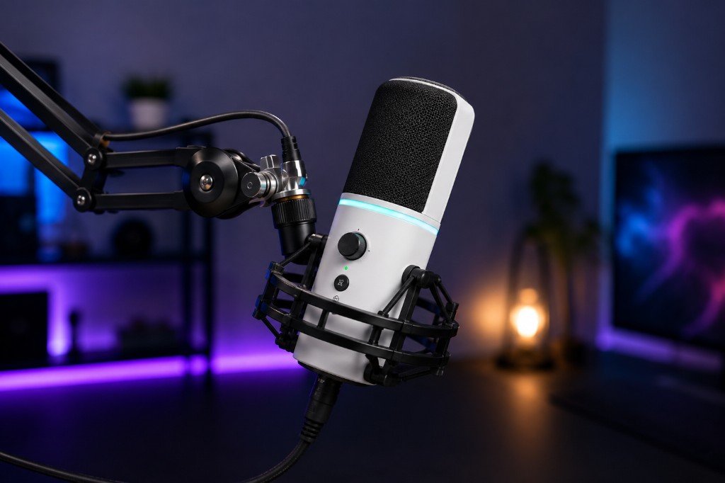 Professionelles Kondensatormikrofon auf Arm im Studio